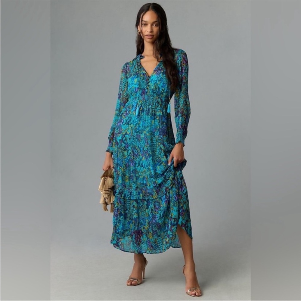 Anthropologie The Marais Printed Chiffon Maxi Dress Sky Size M